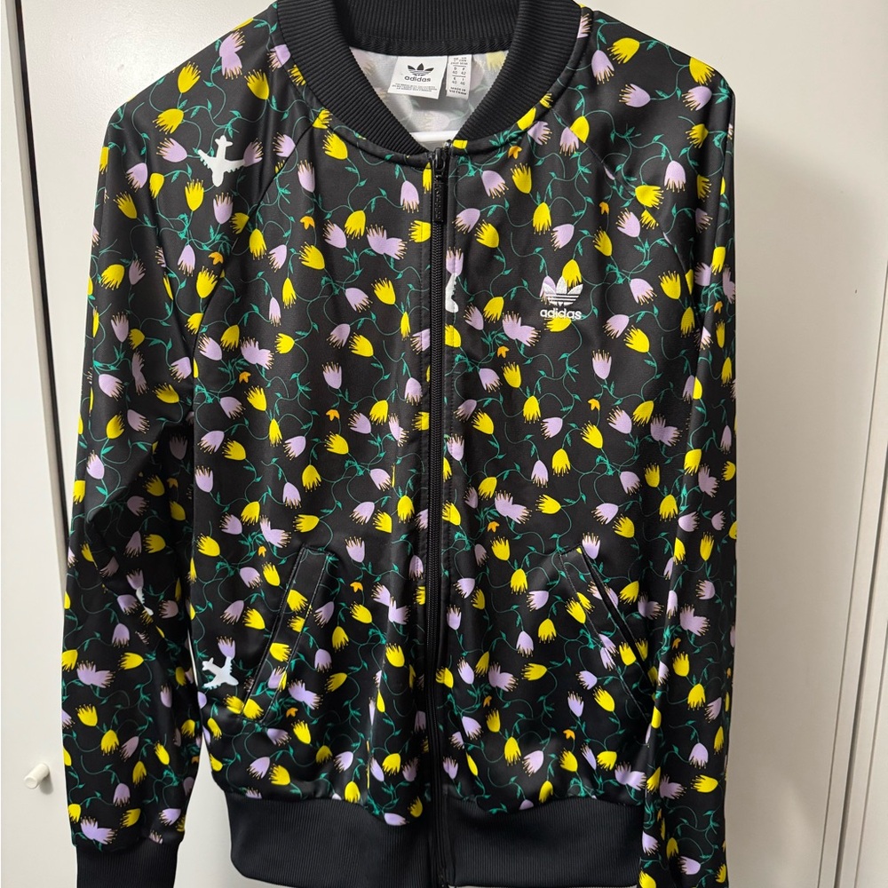 Adidas Black Jacket with Yellow and Purple Floral Design
